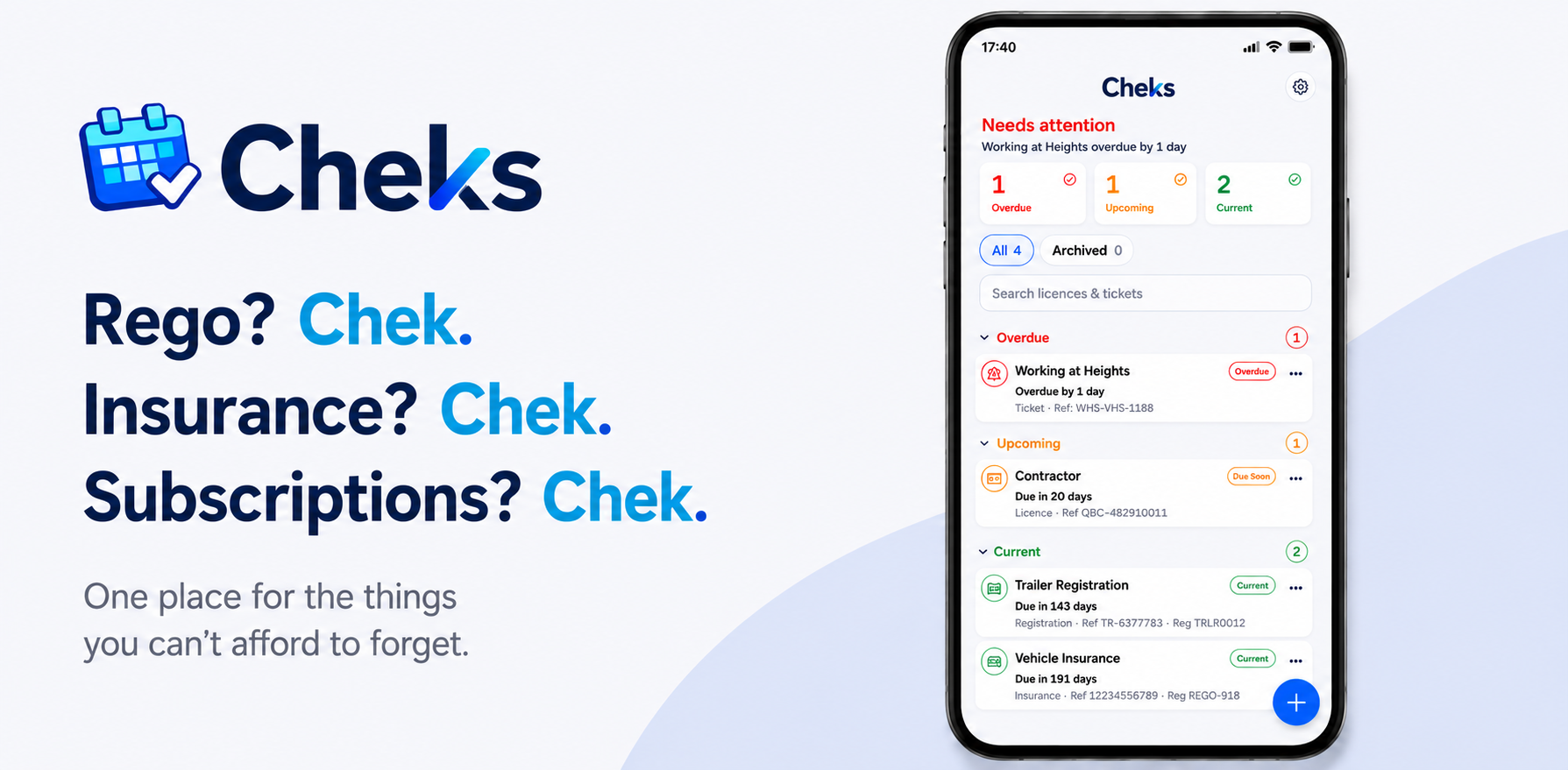 Cheks app preview showing overdue, upcoming and current items with the Cheks brand.