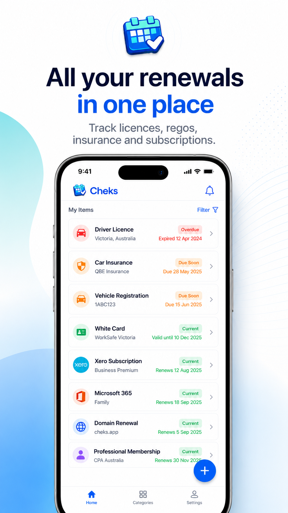 Cheks promotional poster showing licences, regos, insurance and subscriptions in one place.